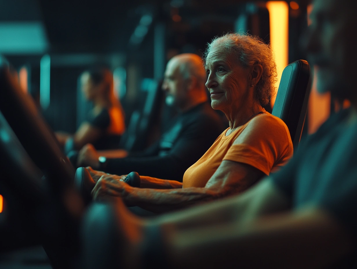 Активні літні люди займаються на тренажерах