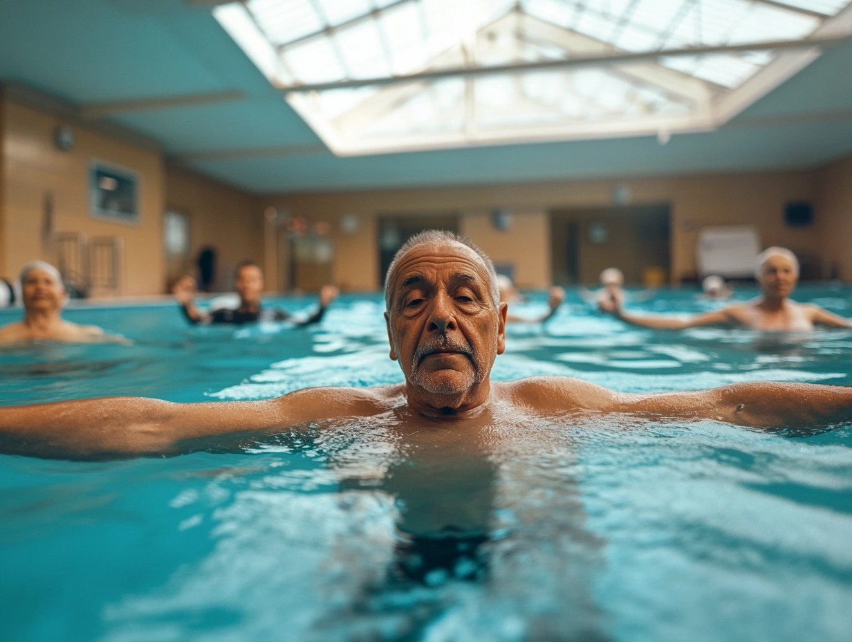 Літні люди займаються аквааеробікою в басейні