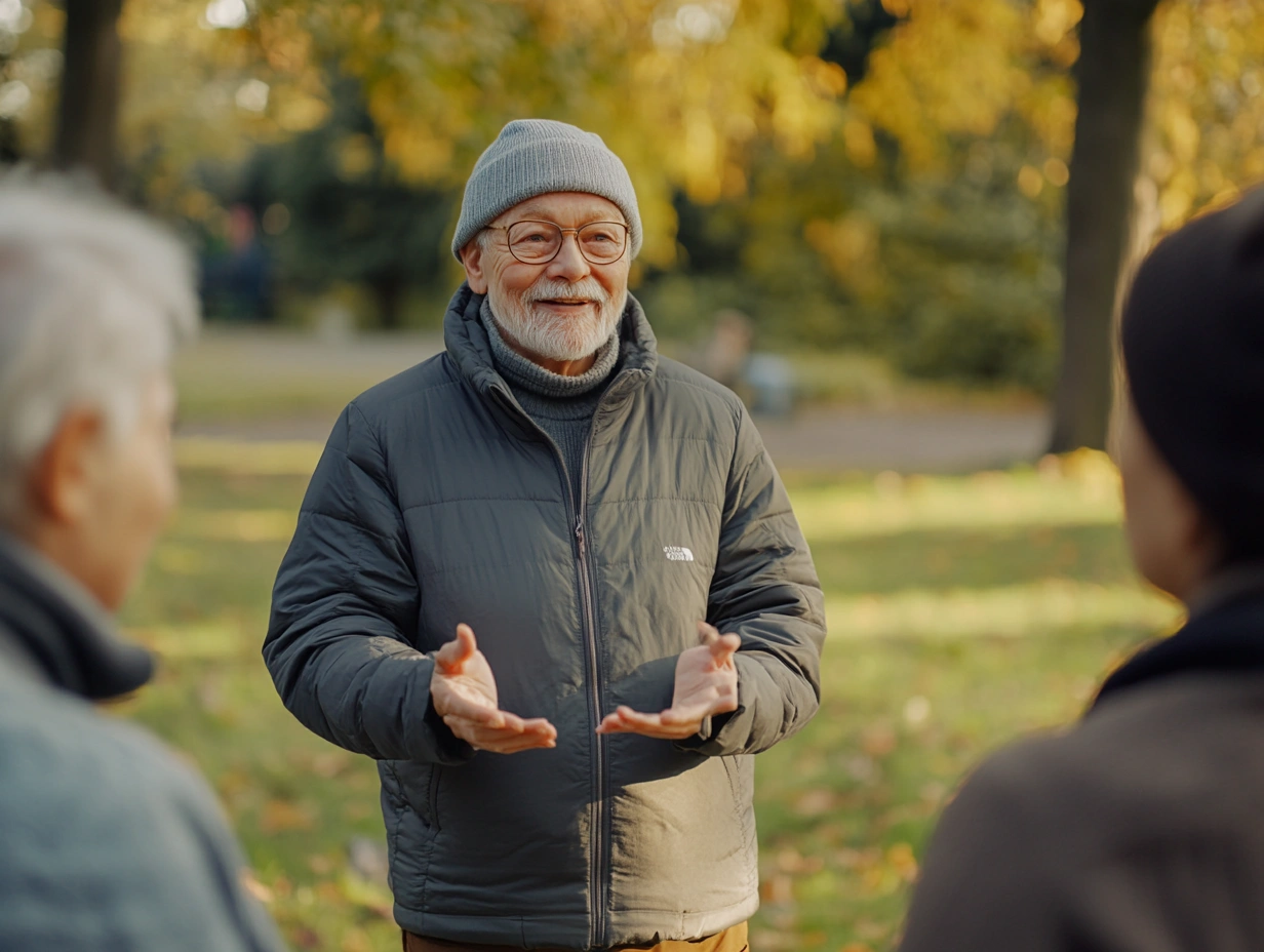 Група літніх людей виконує легкі вправи у парку