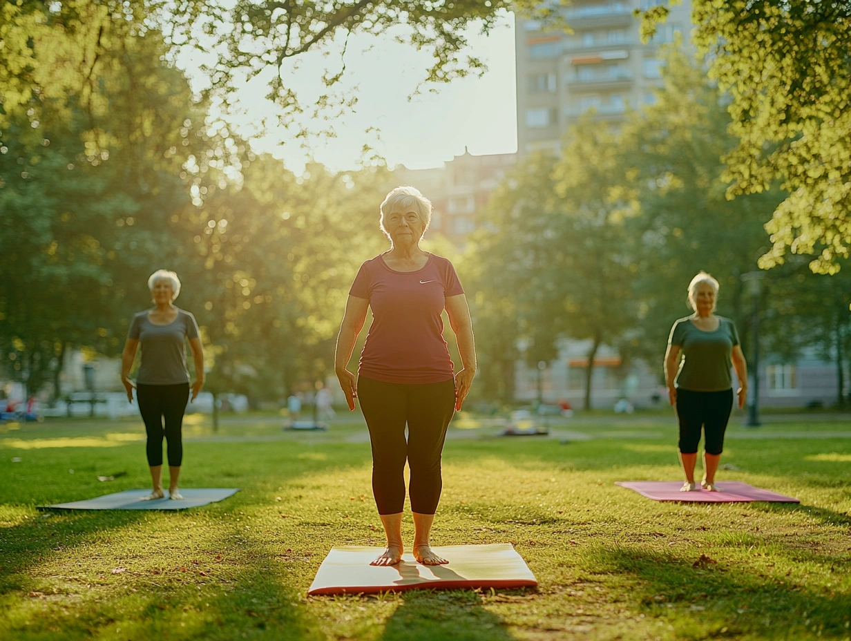 Активні літні люди займаються фітнесом на свіжому повітрі